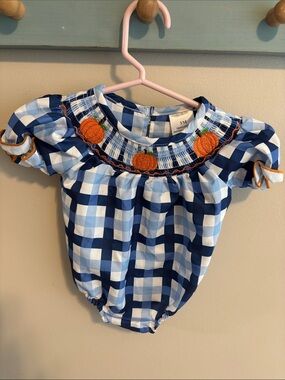 Smocked Pumpkin Bubble Romper Baby 3M Blue Gingham Fall Halloween Thanksgiving